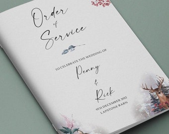 Winter Christmas Order of Service for Weddings | Order of the Day | A4 folded to A5 Wedding Programmes or booklets