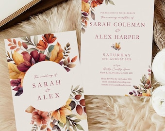 Autumn Fall Wedding Invitations, Burgundy & Orange Foliage Wedding Invites Including Envelopes, A6 Flat Card With Envelopes