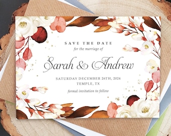 Autumn Fall Save the Date Cards Or Save the Evening or Weekend With Envelopes - White Floral Save the Date Wedding Announcement