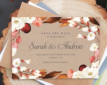 Autumn Fall Save the Date Cards Or Save the Evening or Weekend With Envelopes - White Floral Save the Date Wedding Announcement