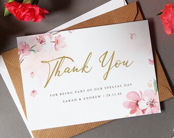 Cherry Blossom Wedding Thank You Cards With Envelopes - Any Thank You Message or Wedding Favour Message