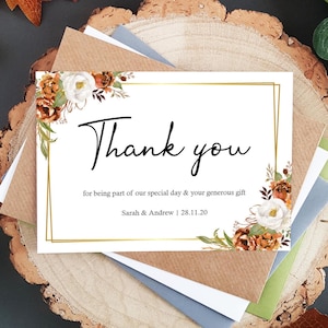 Cartões de agradecimento de casamento dourado de outono com envelopes, flores laranja, qualquer mensagem de agradecimento ou mensagem de lembrança de casamento