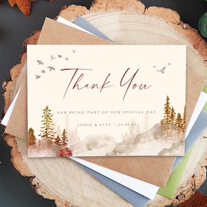Cartões de agradecimento de casamento de outono com envelopes - Misty Forest Woodland Qualquer mensagem de agradecimento ou mensagem de lembrança de casamento