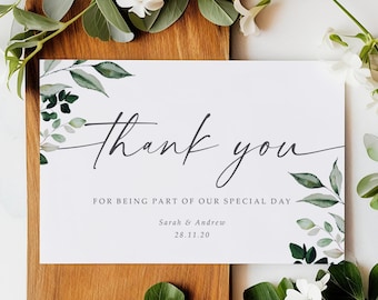 Greenery Wedding Thank You Cards With Envelopes - Any Thank You Message or Wedding Favour Message