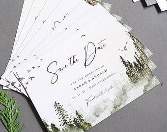 Forest Save the Date Cards Or Save the Evening or Weekend With Envelopes - Woodland Pine Trees Mountains - Save the Date