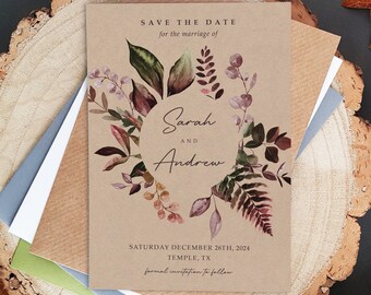 Rustic Burgundy Save the Date Cards or Save the Evening or Weekend With Envelopes - Autumn Fall Save the Dates Wedding Announcement