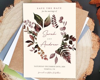 Burgundy Wreath Save the Date Cards or Save the Evening or Weekend With Envelopes - Autumn Fall Save the Dates Wedding Announcement