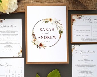Boho Autumn Wedding Invitation Set  With Finer Details, Menu Choices, RSVP + Menu & Choice of Envelopes - Bohemian A5 Luxury Wedding Invites