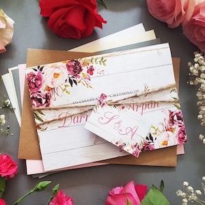 Blush on Wood Wedding Invitation Set With Tags, Rustic Twine and Envelopes - Concertina Trifold Luxury Wedding Invites