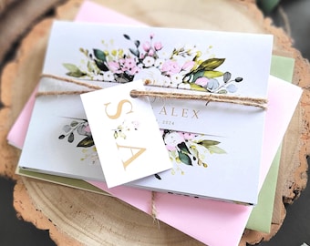 Wildflower Wedding Invitations. Concertina Luxury Wedding Invites with greenery - Including Personalised Tags, Rustic Twine & Envelopes