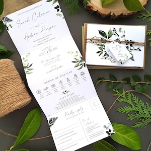 Greenery Wedding Invitations with Envelopes, Luxury Wedding Invites Set, Sage Green Eucalyptus Concertina, Personalised Tags, Rustic Twine
