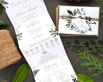 Greenery Wedding Invitations with Envelopes, Luxury Wedding Invites Set, Sage Green Eucalyptus Concertina, Personalised Tags, Rustic Twine