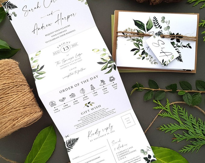 Featured listing image: Greenery Wedding Invitations with Envelopes, Luxury Wedding Invites Set, Sage Green Eucalyptus Concertina, Personalised Tags, Rustic Twine
