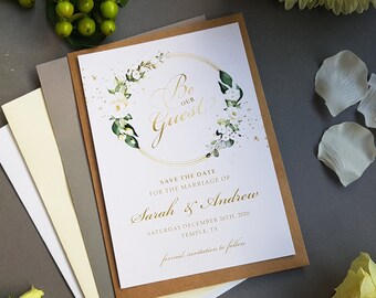 White Floral Gold Save the Date Cards or Save the Evening or Weekend With Envelopes - Fairytale Disney Be Our Guest