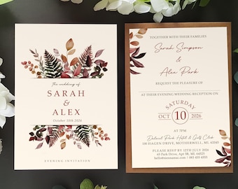 Burgundy Wedding Invitations or Evening Reception Invitations Including Envelopes, Autumn Fall Foliage A6 Flat Card Wedding Invites