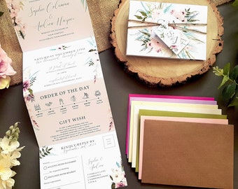 Wedding Invitation Set With Choice of Envelopes Featuring Floral Blush Pink, Blue & White - Concertina Invite with Tags and Rustic Twine