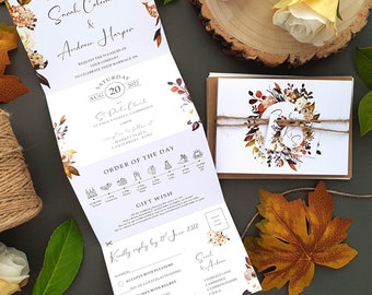 Autumn Wedding Invitations With personalised Tags, Rustic Twine & Envelopes - Luxury Bohemian boho Floral Fall Concertina wedding invites