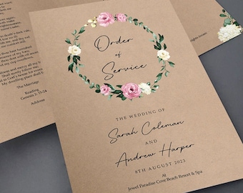 Rustic Pink & White Floral Order of Service  | Order of the Day | Wedding Programmes