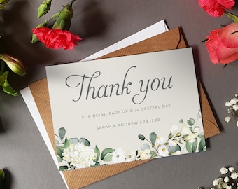 White Floral Wedding Thank You Cards With Envelopes - Any Thank You Message or Wedding Favour Message