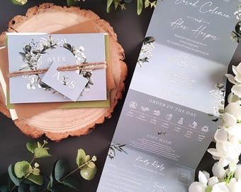 Baby's Breath Wedding Invitation Set - Gypsophila Luxury Concertina Trifold Luxury Wedding Invites With Tags, Rustic Twine & Envelopes