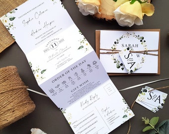 Wedding Invitation Set Featuring An Array of White Florals and Greenery - Wedding Invites With Personalised Tags, Rustic Twine & Envelopes