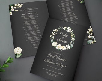 Grey White Floral Order of Service for Weddings | Order of the Day | A4 folded to A5 Wedding Programmes or booklets