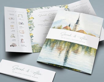 Watercolour Wedding Invitation Set | YOUR IMAGE transformed to Watercolour | Mediterranean Lemons Gatefold with Bellyband