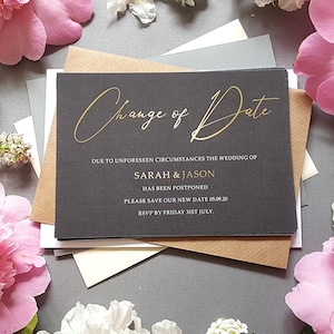 Biglietti di cambio data in oro per matrimoni posticipati con buste, biglietti di cambio data matrimonio - Biglietti Save the Date