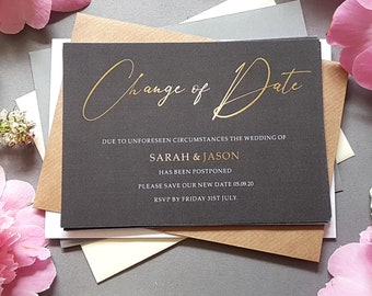 Gold Change of Date Cards for Postponed Weddings With Envelopes, Wedding Date Changed Cards - Save the Date Cards