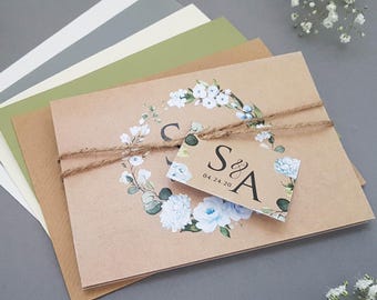 Cornflower Blue Wedding Invitation Set  - Personalised Wedding Invites  With Envelopes - Kraft Greenery Wedding Invites