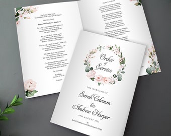 Blush Floral Order of Service for Weddings | Order of the Day | A4 folded to A5 Wedding Programmes or booklets