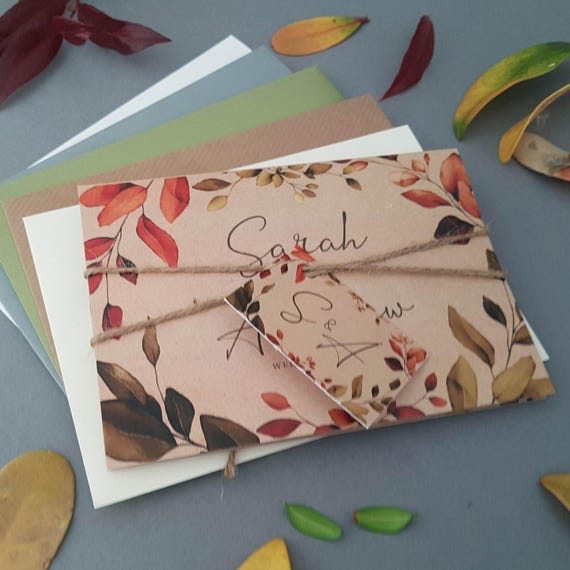 Rustic Autumn Fall Wedding Invitation Set , Eucalyptus Concertina Trifold Luxury Wedding Invites With Personalised Tag, Twine & Envelopes