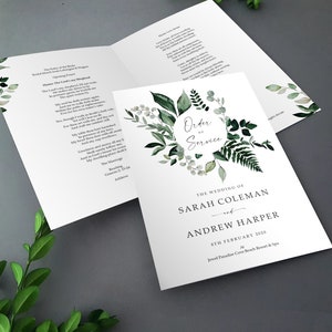 Greenery Order of Service for Weddings | Order of the Day | A4 folded to A5 Wedding Programmes or booklets