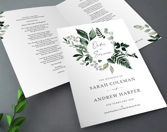 Greenery Order of Service for Weddings | Order of the Day | A4 folded to A5 Wedding Programmes or booklets
