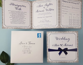 Glitter Ribbon & Bow Wedding Invitation Set  - Trifold Luxury Wedding Invites With Envelopes - Optional Menu Choices on RSVP