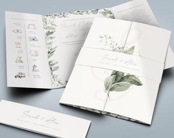 Baby's Breath Wedding Invitation Set |  Personalised Gatefold Design | Sage Green Rustic Gypsophila with Envelopes