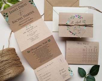 Rustic Wedding Invitation Set  With tags, Rustic Twine & Choice of Envelopes - Concertina Trifold Floral Luxury Wedding Invites