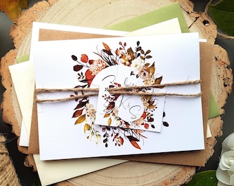 Rustic Autumn Wedding Invitations, Bohemian Floral, Twine & Envelopes