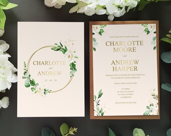 White Gold Wedding Invitation Set  - Large A5 Wedding Invites With Envelopes & Optional Insert - Luxury Wedding Invites or Evening