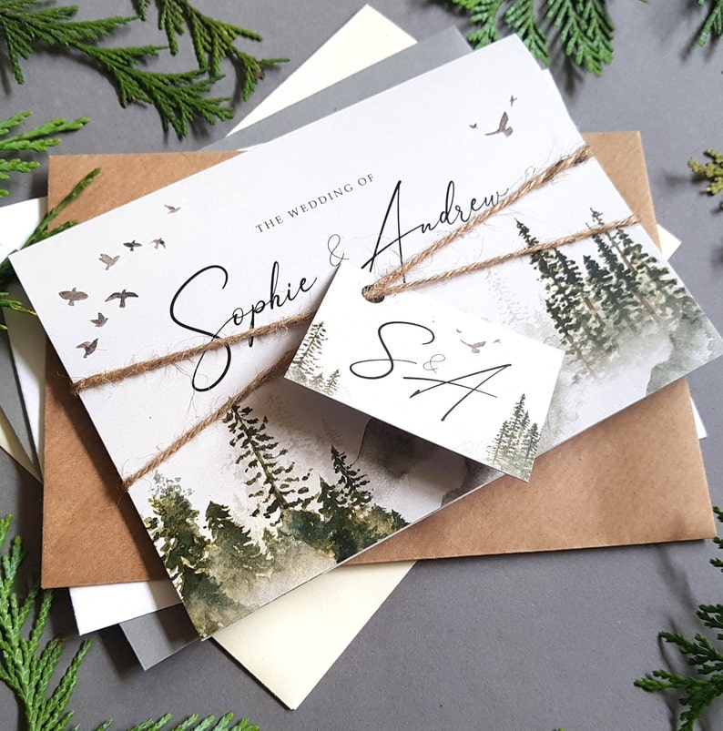 Wedding Invitation Woodland Forest With Pine Trees & Mountains Concertina Trifold Wedding Invite With Tags, Rustic Twine and Envelopes image 4