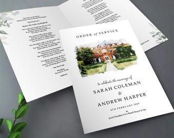 Venue Watercolour Order of Service for Wedding | Order of the Day | A4 folded to A5 Wedding Programmes or booklet | Civil Weddings | Funeral