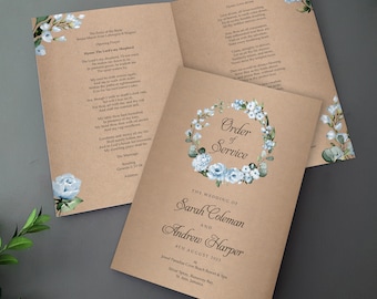 Rustic Cornflower Blue Order of Service for Weddings | Order of the Day | A4 folded to A5 Wedding Programmes or booklets
