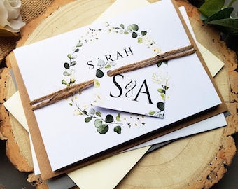 White Floral and Greenery Wedding Invitations, Concertina Personalised Wedding Invites With Tags, Rustic Twine & Envelopes