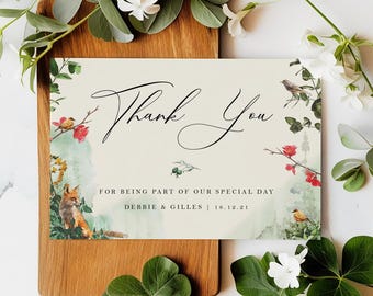 Woodland Wedding Thank You Cards With Envelopes - Any Thank You Message or Wedding Favour Message