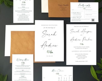 Minimalist Wedding Invitation Set  featuring a leafy element - Finer Details, Menu Choices, RSVP + Menu & Choice of Envelopes