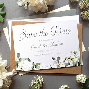 Weiße Blumen Save the Date Karten oder sparen Sie den Abend oder das Wochenende mit Umschlägen - Greenery Save the Date Hochzeitskarte