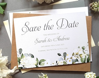 Weiße Blumen Save the Date Karten oder sparen Sie den Abend oder das Wochenende mit Umschlägen - Greenery Save the Date Hochzeitskarte