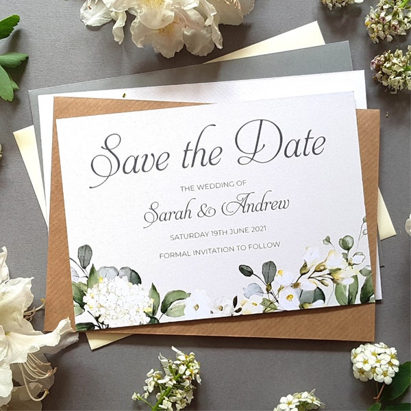 White Floral Save the Date Cards Or Save the Evening or Weekend With Envelopes - Greenery Save the Date Wedding Card