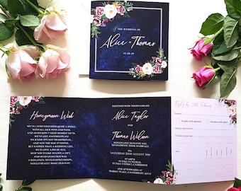Blush Blue Wedding Invitation Set  -  Concertina Trifold Luxury Wedding Invites - Wedding Invites or Evening Invitation