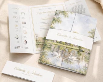 Custom Venue Watercolour Wedding Invitation, Gatefold with Belly Band & Envelopes, YOUR IMAGE transformed to watercolour